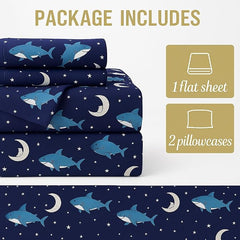 Kids Bed Sheet Collection Fun, Colorful & Comfortable Bedding For Boys & Girls - 108x108 Inches, Blue | Wrinkle-Free, Soft & Cozy – Moonlit Sharks Pattern