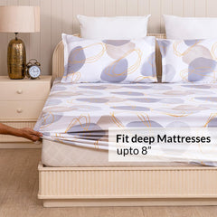 Premium Cotton Fitted Bedsheet King Size - 78 X 72 Inches With 2 Pillow Covers, Grey & White | Super Soft, Breathable & Wrinkle Free