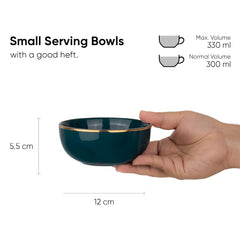 Ceramic Bowl Set Of 4 Pieces For Snacks - 330ml Each, Teal Gold | Maggie Bowl, Noodle Bowl With Glossy Finish - Premium Stoneware | Microwave Safe & Dishwasher Safe