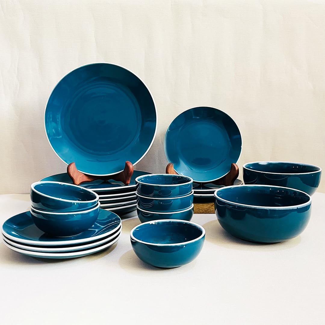Retro Green Hand Painted Ceramic Dinner Set Of 20 Pieces With Serving Bowls | 6 Dinner Plates + 6 Side Plates+ 6 Katori Bowls, 180ml Each + 2 Serving Bowls, 800ml Each | Serving For 6