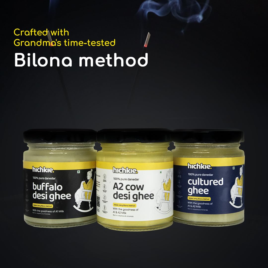 Natural A2 Cow Desi Ghee + Cultured Ghee & Buffalo Ghee By Hichkie | Rich In Vitamin A, D & K Healthy Vedic Bilona Method Pure Desi Ghee | 300ml (100ml * 3) 10.1 Ounce | Combo Pack Natural A2 Cow Desi Ghee + Cultured Ghee & Buffalo Ghee By Hichkie | Rich In Vitamin A, D & K Healthy Vedic Bilona Method Pure Desi Ghee | 300ml (100ml * 3) 10.1 Ounce | Combo Pack
