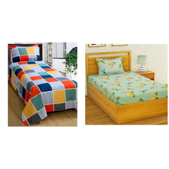 Combo 2 Single Bed With 2 Pillow Covers - 60 X 90 Inches, Multicolor | Premium Cotton Material - Skin Friendly & Long Lasting | Super Soft 300 Thread Count