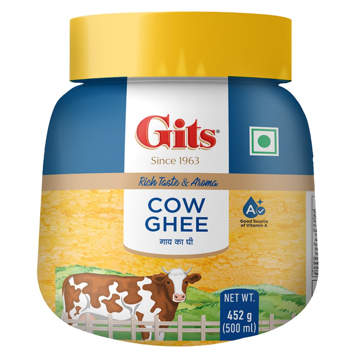Natural Premium Desi Cow Ghee By Gits | Good Source Of Vitamin A, Delicious Healthy & Nutritious Pure Cow Ghee Perfect For Hair | (500ml) 16.9 Ounce | Jar Pack