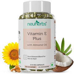 Neuherbs Plant Based Natural Vitamin E Plus From Sunflower Oil, Almond Oil For Better Face, Skin & Hair Certified Vegan | 30 Veg Capsules 50gm 0.1lbs