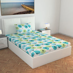 Single Bedsheet With 1 Pillow Cover - 57 X 87 Inches, White & Aqua | Designer Printed Bedsheet Set - Naturally Soft, Breathable & Skin Friendly
