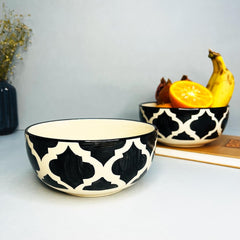 Black Moroccan Ceramic Serving Bowl Set Of 2 Pieces, 800ml Each | Hand Painted Large Dining Serving Bowls For Serving - Microwave Safe & Dishwasher Safe