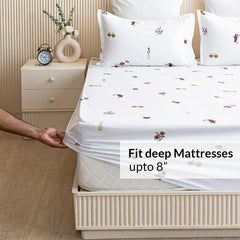 Printed Queen Size Elastic Fitted Bedsheet With 2 Pillow Covers - 71 X 77 Inches, White | Perfect For Home Decor & Gifting