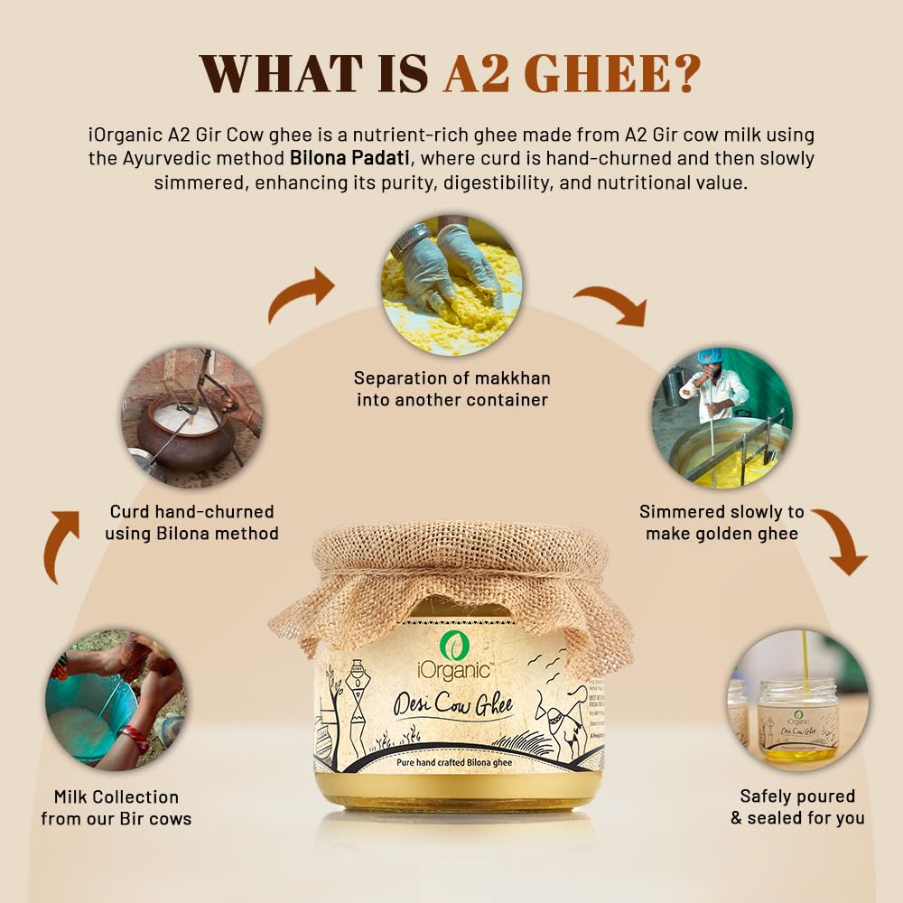 Natural Desi Cow Ghee By iOrganic | Delicous & Healthy Curd-Churned Cultured Pure Bilona A2 Ghee Perfect For Brain Health | (250ml) 8.4 Ounce | Jar Pack Natural Desi Cow Ghee By iOrganic | Delicous & Healthy Curd-Churned Cultured Pure Bilona A2 Ghee Perfect For Brain Health | (250ml) 8.4 Ounce | Jar Pack