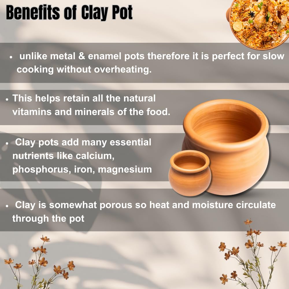 Exclusive Range Unglazed Clay Pot For Cooking & Serving With Lid 2 Liters + 3 Liters, Pack Of 2 | Biryani Handi - Earthen Kadai - Mud Handi - Mitti Ke Bartan With Mirror Shine Exclusive Range Unglazed Clay Pot For Cooking & Serving With Lid 2 Liters + 3 Liters, Pack Of 2 | Biryani Handi - Earthen Kadai - Mud Handi - Mitti Ke Bartan With Mirror Shine