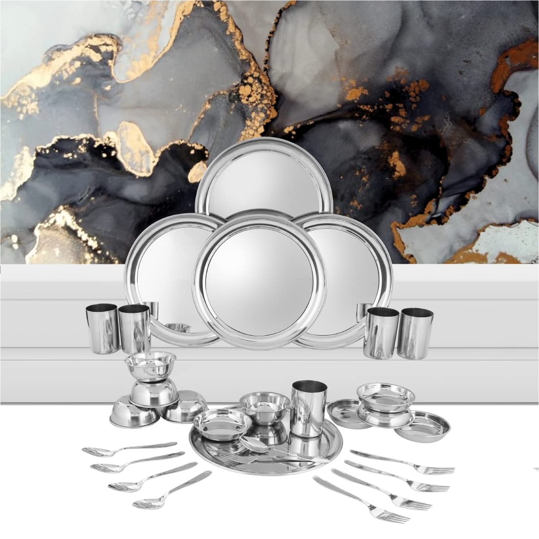 Stainless Steel Shagun Solid Dinner Set Of 30 Pcs, Silver | 5 Dinner Plates+ 5 Bidding Bowls+ 5 Pudding Bowls+ 5 Glasses+ 5 Dinner Spoon+ 5 Dinner Fork Stainless Steel Shagun Solid Dinner Set Of 30 Pcs, Silver | 5 Dinner Plates+ 5 Bidding Bowls+ 5 Pudding Bowls+ 5 Glasses+ 5 Dinner Spoon+ 5 Dinner Fork