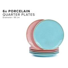 Quarter Plates Set Of 6, Pink & Blue Sprinkle Series | Ceramic Snack Plates - Snacks Plates Set | 3 Pink Plates + 3 Blue Plates - Small Plates With Glossy Finish | Microwave Safe & Chip Resistant