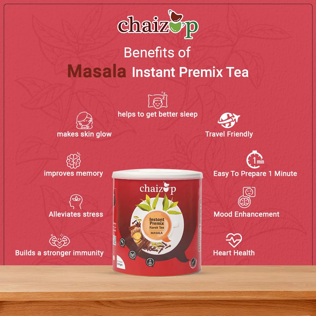 Chaizup Premium 1 Min Instant Masala Tea Premix - 500gm Can, 17.6 Ounce | Just Add Hot Water - Assam Masala Chai Powder | Low Caffeine, No Added Color - Home Like Tea Chaizup Premium 1 Min Instant Masala Tea Premix - 500gm Can, 17.6 Ounce | Just Add Hot Water - Assam Masala Chai Powder | Low Caffeine, No Added Color - Home Like Tea
