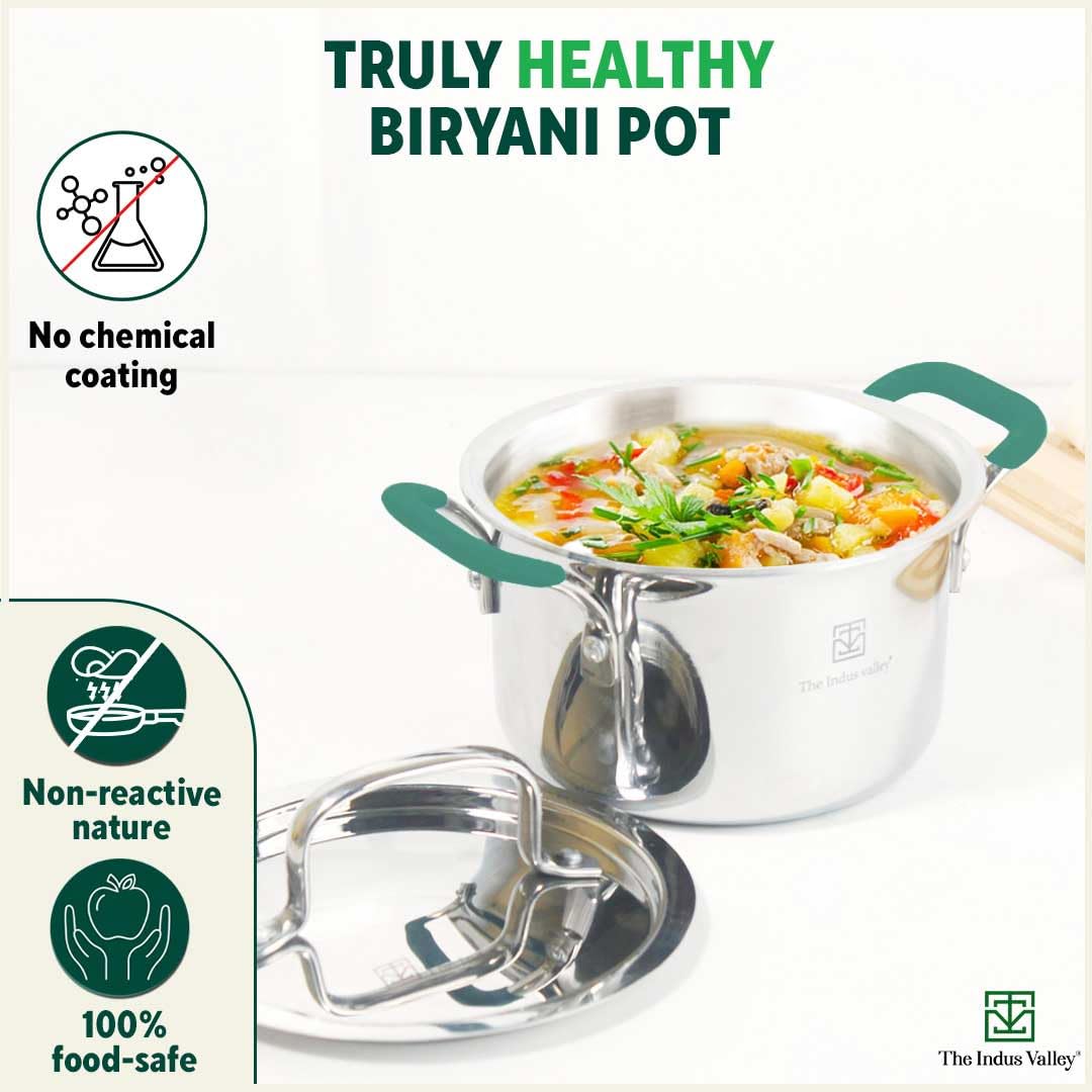 Triply Stainless Steel Stock Pot Or Biryani Pot Or Casserole With Steel Lid | Medium 21.6cm, 8.5 Inch, 3 Liters, 1.4 Kg - Induction Friendly, Nonstick 3-Layer Body, 100% Pure & Toxin-Free Triply Stainless Steel Stock Pot Or Biryani Pot Or Casserole With Steel Lid | Medium 21.6cm, 8.5 Inch, 3 Liters, 1.4 Kg - Induction Friendly, Nonstick 3-Layer Body, 100% Pure & Toxin-Free