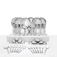 Designer Stainless Steel Delight Laser Bloom Dinner Set Of 50 Pieces, Silver | Easy To Clean & Dishwasher Safe