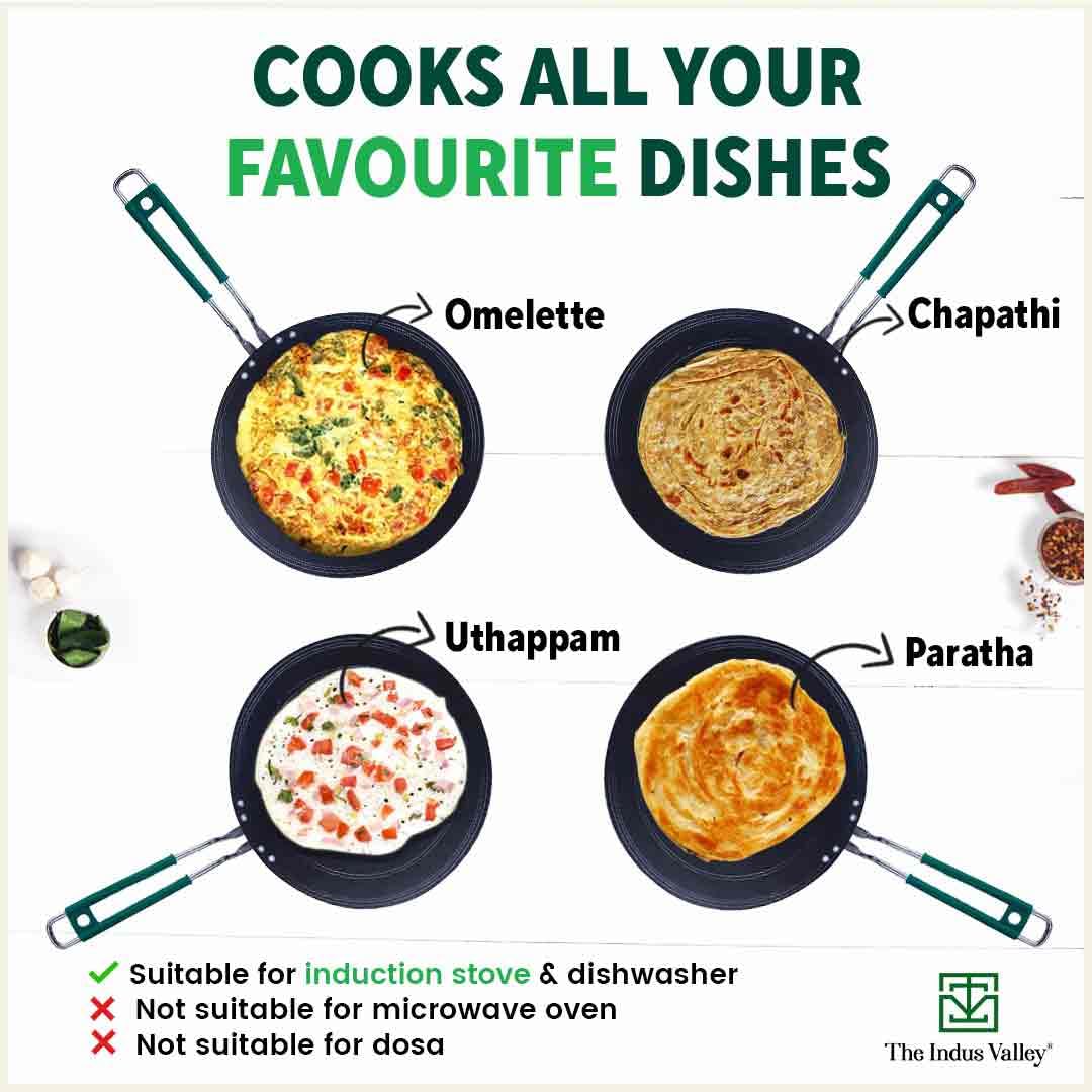 Pre-Seasoned Black Iron Concave Tawa For Dosa, Chapathi With Silicone Grip - 25.5cm, 10 Inch, 0.8 Kg | Gas Compatible, 100% Pure & Toxin-Free, No Chemical Coating Pre-Seasoned Black Iron Concave Tawa For Dosa, Chapathi With Silicone Grip - 25.5cm, 10 Inch, 0.8 Kg | Gas Compatible, 100% Pure & Toxin-Free, No Chemical Coating
