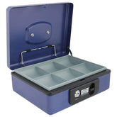 Imported Metal Cash Box With Dual Combination & Password Lock Large Size Money Box For Cash, Jewellery Safe Locker With Removable Plastic Coin Tray, Colour - Blue, Material - Metal