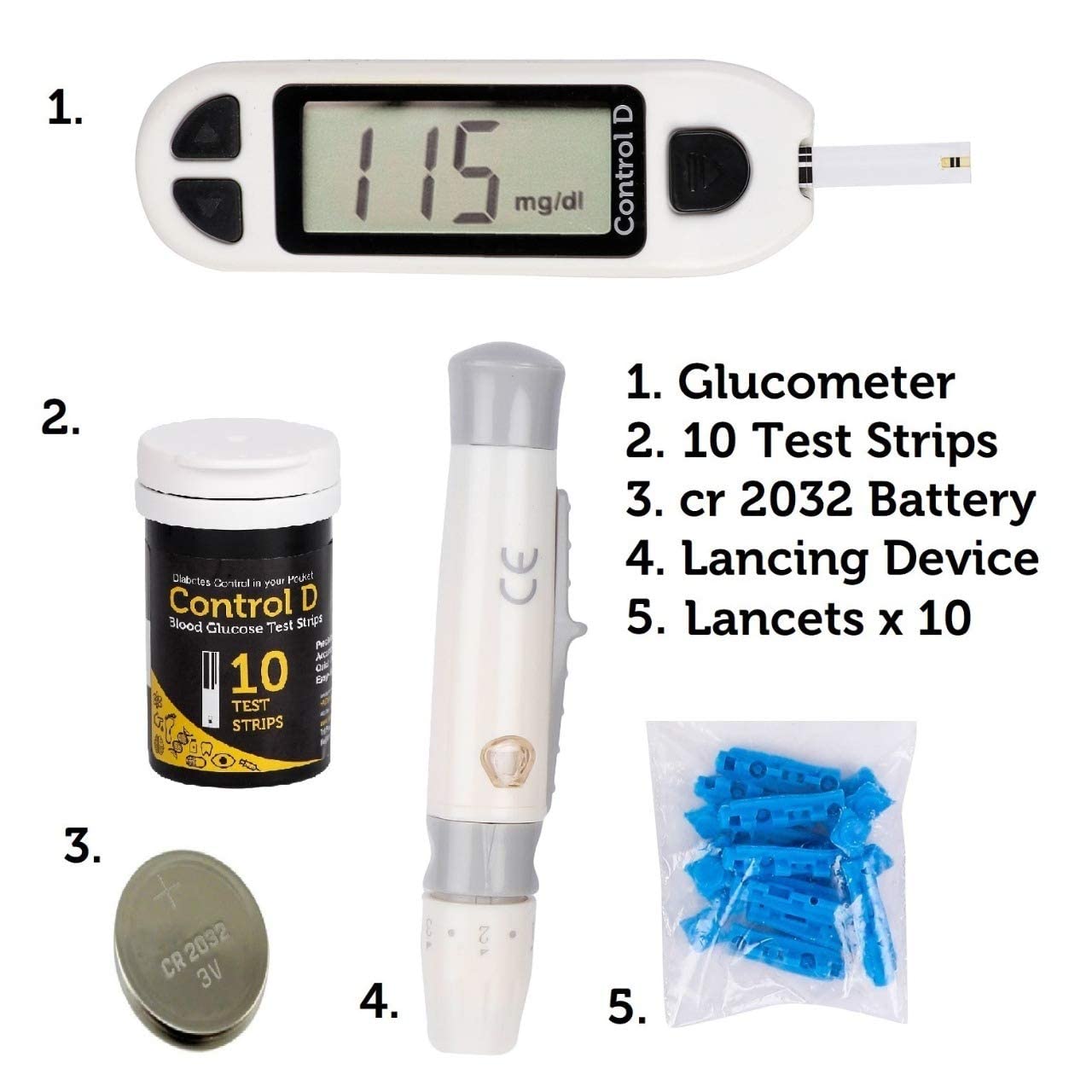 Control D Blood Glucose Sugar Testing Monitor With 10 Strips Glucometer - White Control D Blood Glucose Sugar Testing Monitor With 10 Strips Glucometer - White