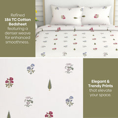 Flat Bedsheet Queen Size Bed With 2 Pillow Covers - 100 X 90 Inches, White & Green | Soft, Breathable & Durable | Skin-Friendly & Durable