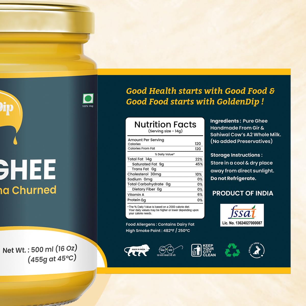 Organic Premium A2 Cow Desi Ghee By Goldendip | Bilona Churned Pure A2 Ghee Makes Your Food Tasty & Healthy | (500ml) 16.9 Ounce | Jar Pack Organic Premium A2 Cow Desi Ghee By Goldendip | Bilona Churned Pure A2 Ghee Makes Your Food Tasty & Healthy | (500ml) 16.9 Ounce | Jar Pack