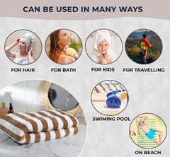Fezora Microfiber Bath Towels Strip 290 Gsm | Extra Soft Plush & Quick Dry High Absorbency Large Size Towels For Bathing (Brown & White)