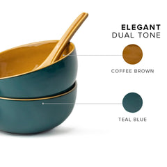Ceramic Soup Bowl Set With Spoons - 300ml Each, Teal Green | 6 Pieces Soup Bowls + 6 Spoons | Glossy Finish - Premium Stoneware Ceramic Soup Bowls With Spoons | Soup Bowl Set Of 6