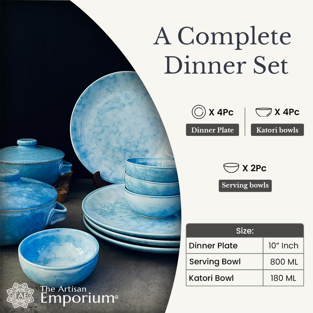 Neelam Handcrafted Ceramic Dinner Set - 10 Pieces, Blue | 4 Dinner Plates + 4 Katori Bowls, 180ml Each+ 2 Serving Bowls, 800ml Each Dinnerware Set | Serving For 4, Microwave Safe & Dishwasher Safe Neelam Handcrafted Ceramic Dinner Set - 10 Pieces, Blue | 4 Dinner Plates + 4 Katori Bowls, 180ml Each+ 2 Serving Bowls, 800ml Each Dinnerware Set | Serving For 4, Microwave Safe & Dishwasher Safe