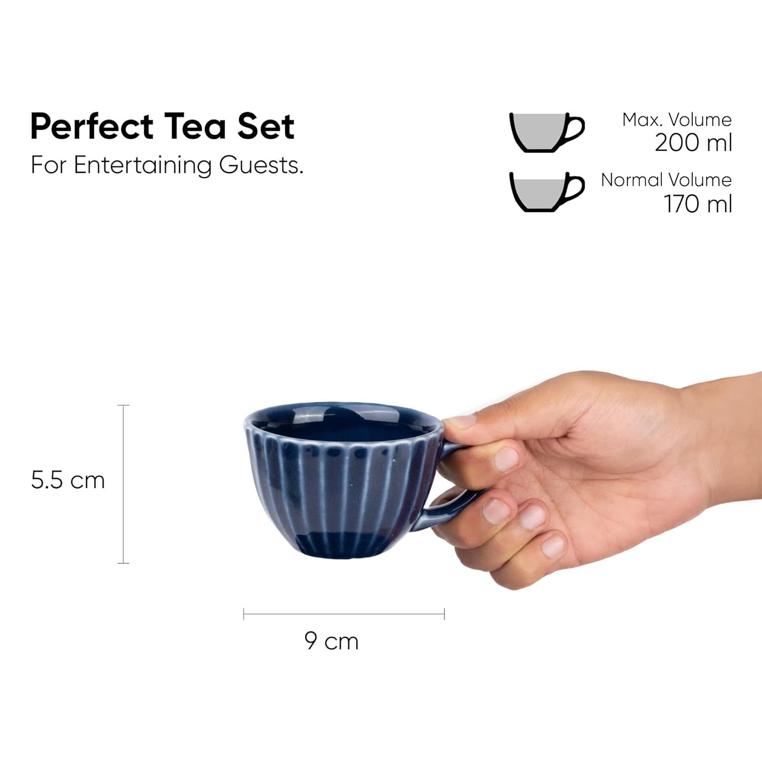 Ceramic Tea Cup Set Of 6 - Navy Blue, 200ml Each | 6 Tea Cups With Glossy Finish - Premium Stoneware Tea Set | Ceramic Tea Cup Set - Tea Cups Only | Microwave Safe & Dishwasher Safe Ceramic Tea Cup Set Of 6 - Navy Blue, 200ml Each | 6 Tea Cups With Glossy Finish - Premium Stoneware Tea Set | Ceramic Tea Cup Set - Tea Cups Only | Microwave Safe & Dishwasher Safe