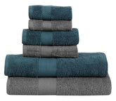 Fash Home International Micro Twist Towel 1800 Gsm Combo - 2 Bath + 2 Hand + 2 Face Towel (Peacock Blue & Charcoal Grey) - 6 Pcs