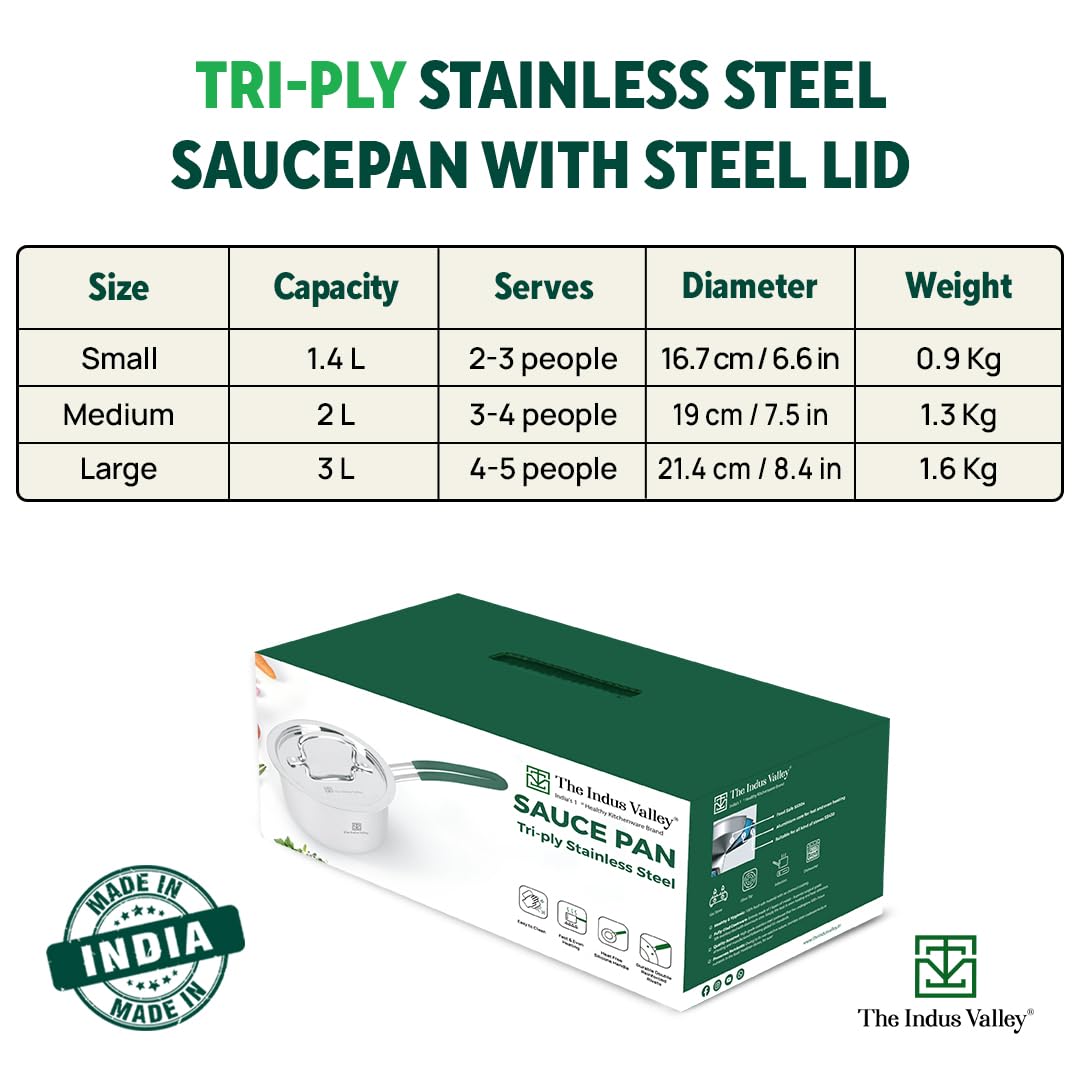 Triply Stainless Steel Sauce Pan Or Milk Pan With Steel Lid For 3-4 People | Medium, 19cm, 7.5 Inch, 2 Liters, 1.3 Kg - Induction Friendly, Nonstick 3-Layer Body, 100% Pure & Toxin-Free Triply Stainless Steel Sauce Pan Or Milk Pan With Steel Lid For 3-4 People | Medium, 19cm, 7.5 Inch, 2 Liters, 1.3 Kg - Induction Friendly, Nonstick 3-Layer Body, 100% Pure & Toxin-Free