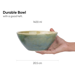 Ceramic Large Serving Bowls Set Of 1 Pc - 1400ml, Green Blue Reactive | Premium Ceramic Bowl - Large Size | Microwave Safe Bowl - Bowl Set With Glossy Finish | Ceramic Bowl