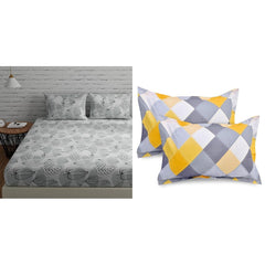 King Size Bedsheet With 2 Pillow Cover + Pillowcase Set (2 Pcs) | 110 X 108 Inches, Grey & Black | Breathable & Wrinkle Free Bedsheet