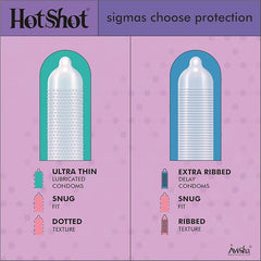 Hotshot Condom Men 100 Pack - Multi-flavored, Ultra Thin, Ribbed & Dotted, Extra Time (Set Of 10)