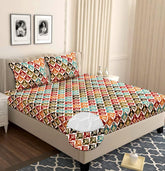 Cotton Elastic Fitted Bedsheets With 2 Pillow Covers Double Bed All Around Elastic | 72 X 78 +10 Inches, Multicolor - Breathable & Skin-Friendly Bedsheet