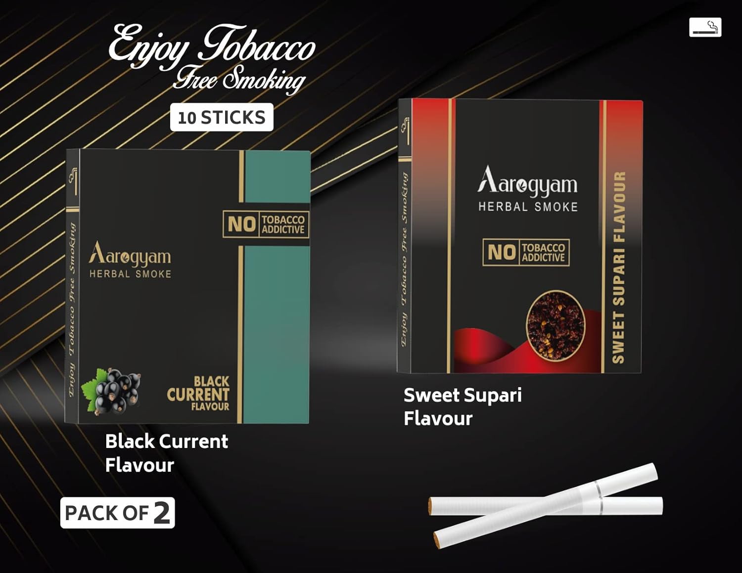 Aarogyam Herbals Pack Of 2 Flavours 100% Tobacco & Nicotine Free Cigarette For Relieve Stress & Mood Enhance Product Sweet Supari, Black Current - 10 Sticks X 2 Packets Aarogyam Herbals Pack Of 2 Flavours 100% Tobacco & Nicotine Free Cigarette For Relieve Stress & Mood Enhance Product Sweet Supari, Black Current - 10 Sticks X 2 Packets