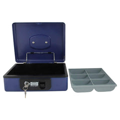 Imported Metal Cash Box With Dual Combination & Password Lock Large Size Money Box For Cash, Jewellery Safe Locker With Removable Plastic Coin Tray, Colour - Blue, Material - Metal