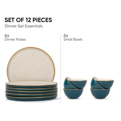Ceramic Dinner Set Of 12 Pcs, Teal Ivory | Crockery Set For Dining Table - Dining Sets Crockery Items | Glossy Finish Premium Stoneware - 6 Dinner Plates + 6 Veg Small Bowls, 180ml Each
