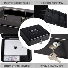 Metal Cash Box With Money Tray & Key Lock, Money Box For Cash Saving, 11.8"X 9.5"X 3.5", Large, Colour - Black, Special Feature - Portable
