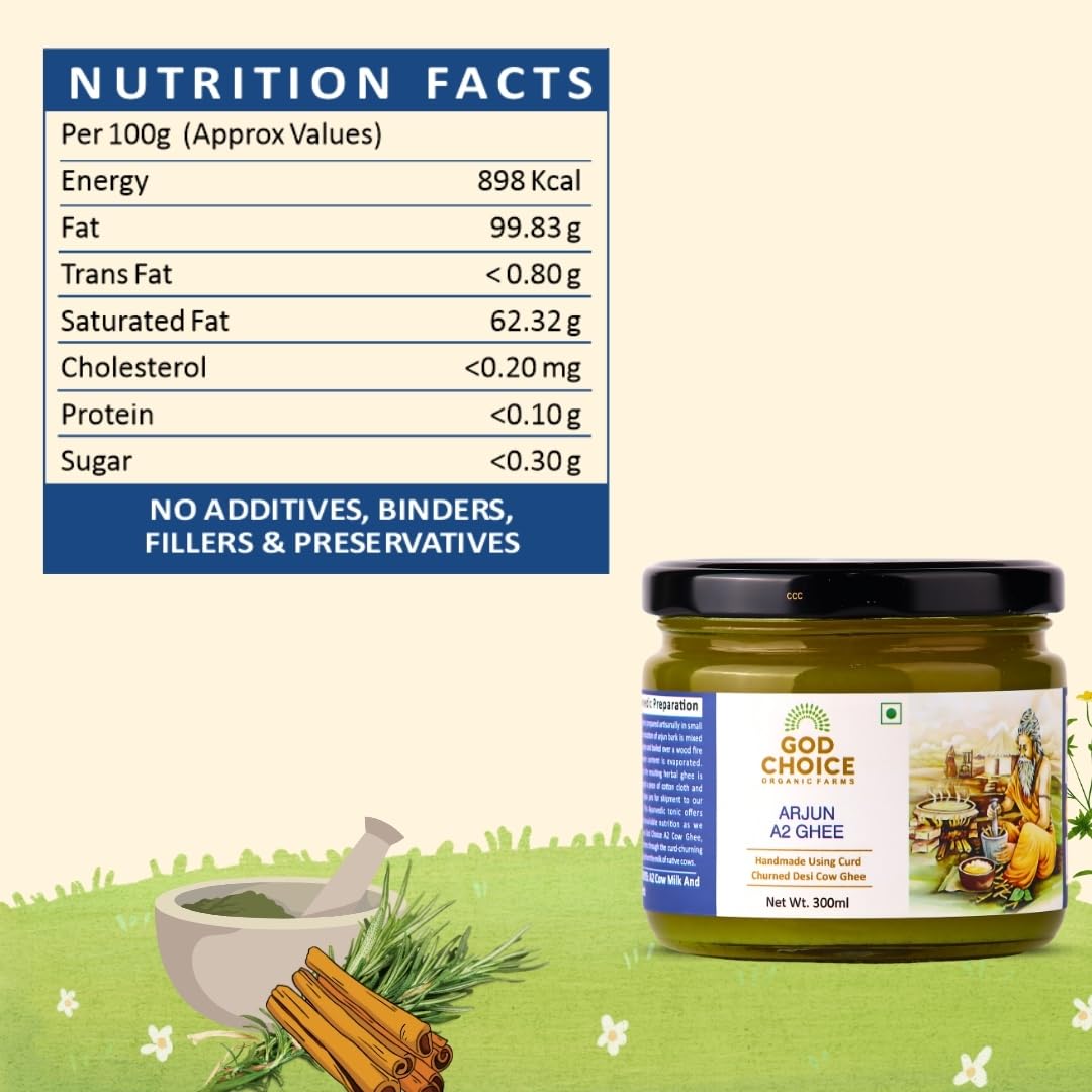 Organic Arjun A2 Desi Cow Ghee By God Choice Organic Farms | High In Protein Fiber Healthy Desi Ghee For Frying | (300ml) 10.1 Ounce | Jar Pack Organic Arjun A2 Desi Cow Ghee By God Choice Organic Farms | High In Protein Fiber Healthy Desi Ghee For Frying | (300ml) 10.1 Ounce | Jar Pack