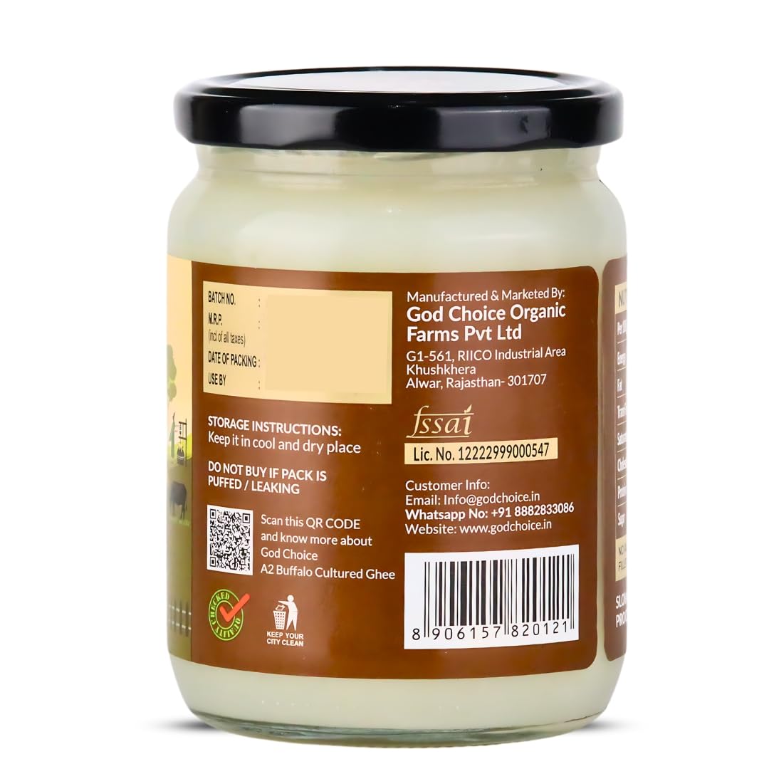 Organic A2 Desi Buffalo Ghee By God Choice Organic Farms | High In Protein Fiber Healthy Desi Ghee For Brain Function | (500ml) 16.9 Ounce | Jar Pack Organic A2 Desi Buffalo Ghee By God Choice Organic Farms | High In Protein Fiber Healthy Desi Ghee For Brain Function | (500ml) 16.9 Ounce | Jar Pack