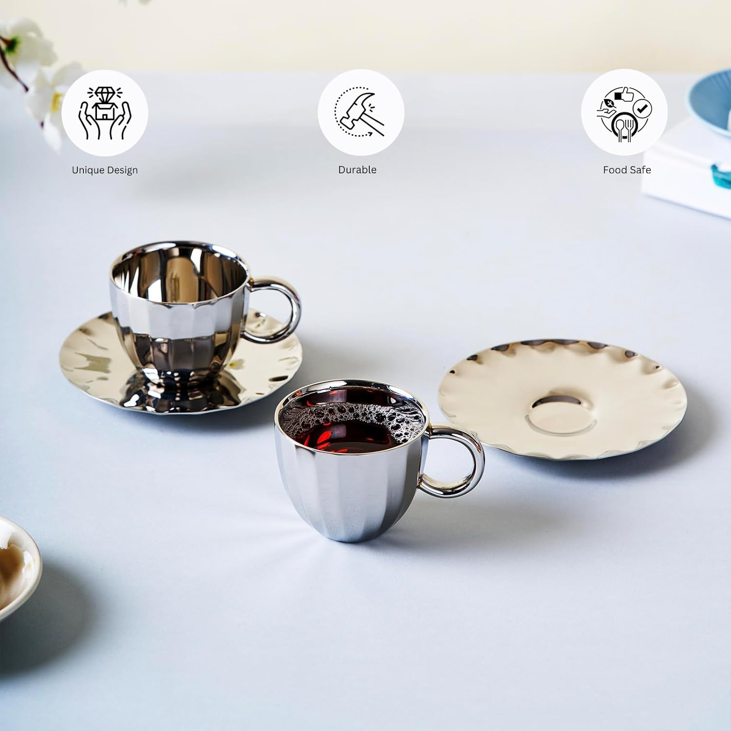 Designer Chrome Stainless Steel Cup - 120ml Each, Set Of 2 | Corporate Gifting For Diwali - Unbreakable Cups For Tea Chai Coffee Cups Mugs | Premium Serve Ware, Dinnerware & Tableware Designer Chrome Stainless Steel Cup - 120ml Each, Set Of 2 | Corporate Gifting For Diwali - Unbreakable Cups For Tea Chai Coffee Cups Mugs | Premium Serve Ware, Dinnerware & Tableware