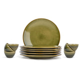 Ceramic Dinner Set Of 12 Pcs, Mehndi Ombre | Crockery Set For Dining Table - Dining Sets Crockery Items | Glossy Finish - 6 Dinner Plates+ 6 Veg Bowls, 220ml Each