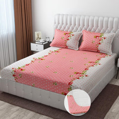 Elastic Fitted Double Bedsheets For King Size With 2 Pillow Covers - 72 X 78 X 10 Inches, White & Peach | Premium Heavy Cotton All Around Elastic Fitted | Ideal For Hotel, Home, Bedroom