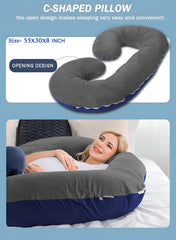 C Shaped Pillow, Pregnancy Pillow For Maternity & Baby Nursing - Grey & Dark Blue | Pregnant Women Stomach, Spine, Neck Support, Velvet Outer Cover With Zip, Adjustable, Multipurpose Use