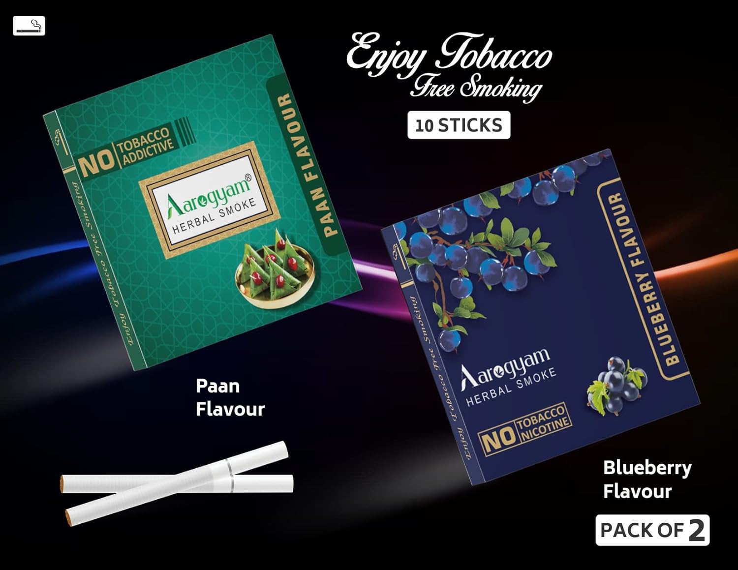 Aarogyam Herbals Pack Of 2 Flavours 100% Tobacco & Nicotine Free Cigarette For Relieve Stress & Mood Enhance Product Paan, Blueberry - 10 Sticks X 2 Packets Aarogyam Herbals Pack Of 2 Flavours 100% Tobacco & Nicotine Free Cigarette For Relieve Stress & Mood Enhance Product Paan, Blueberry - 10 Sticks X 2 Packets
