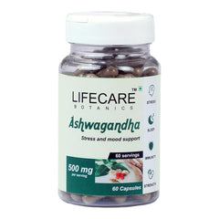 Lifecare Botanics Ashwagandha Capsules 500mg, Stress Reliever, Mood Enhancer, Strength Builder, Immunity Booster | 60 Veg Capsules 100gm 0.2lbs
