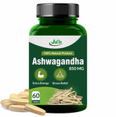 Jain Ashwagandha 850mg Tablets - Extra Energy, Stress Relief, 100% Natural, Improves Sleep, Reduces Sugar Restorative Benefits | 60 Tablets 100gm 0.2lbs