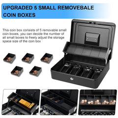 Cash Box Metal Money Box With 4 Bill 5 Coin Cash Tray Coin Compartment And Key Lock, 11.8l X 9.5w X 3.5h Inches, Colour - Black