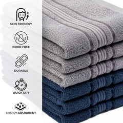 Akiko Home 100% Cotton Essential Series Hand Towels 1200 Gsm | Soft, Absorbent & Durable, Cotton Hand Towel For Bathroom Use, Gentle On Skin- Pack Of 6 (Grey & Navy)