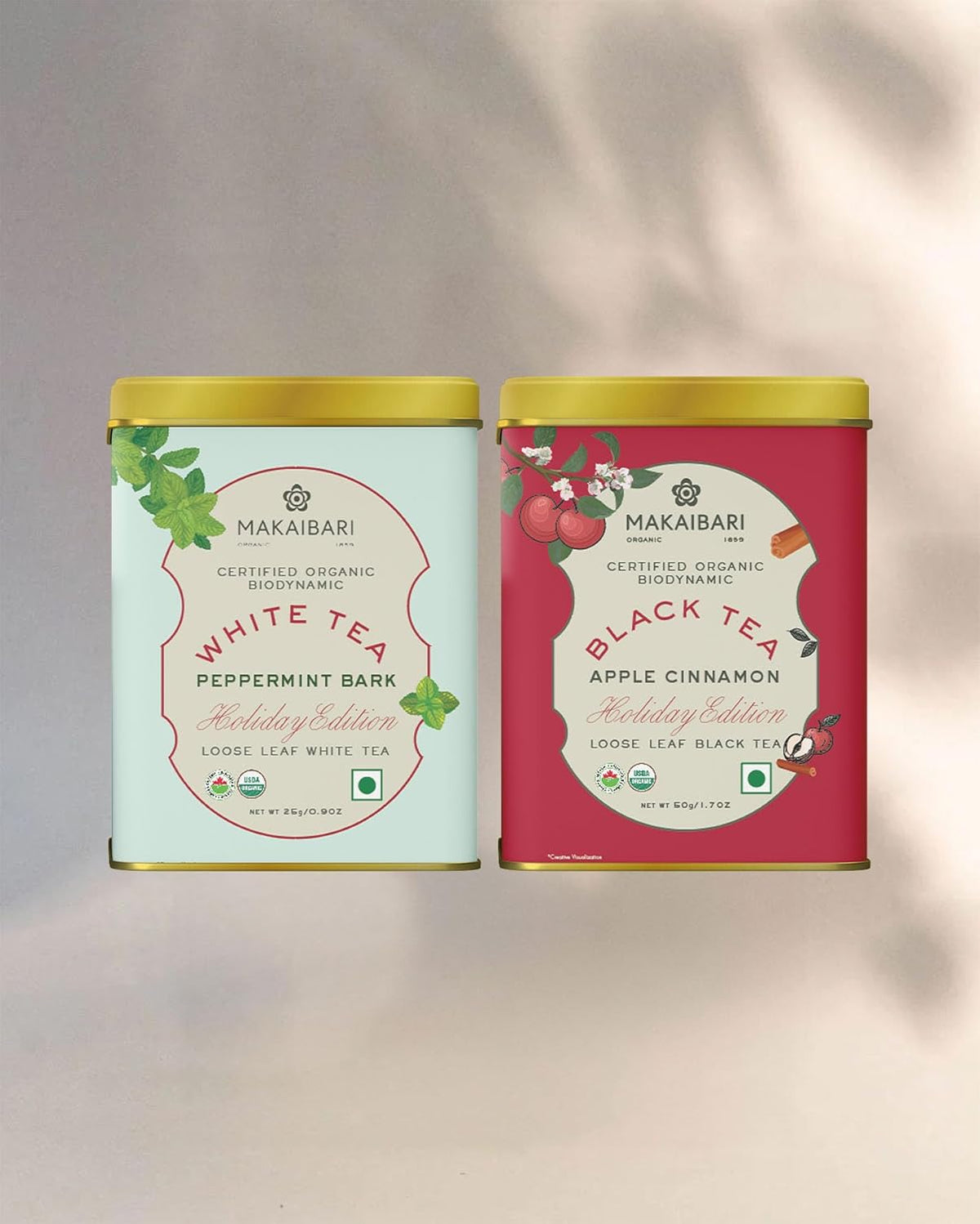 Makaibari Holiday Edition - Peppermint Bark White Tea 25gm, 0.9 Ounce + Apple Cinnamon Black Tea 50gm, 1.7 Ounce | USDA Certified Premium Loose Leaves Tea - Antioxidants, Immunity Booster