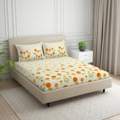 Double Bedsheet With 2 Pillow Covers (Size 88 X 100 Inch) Cream | Breathable Pure Cotton Queen Size Bedsheet | Floral Design Bedsheet